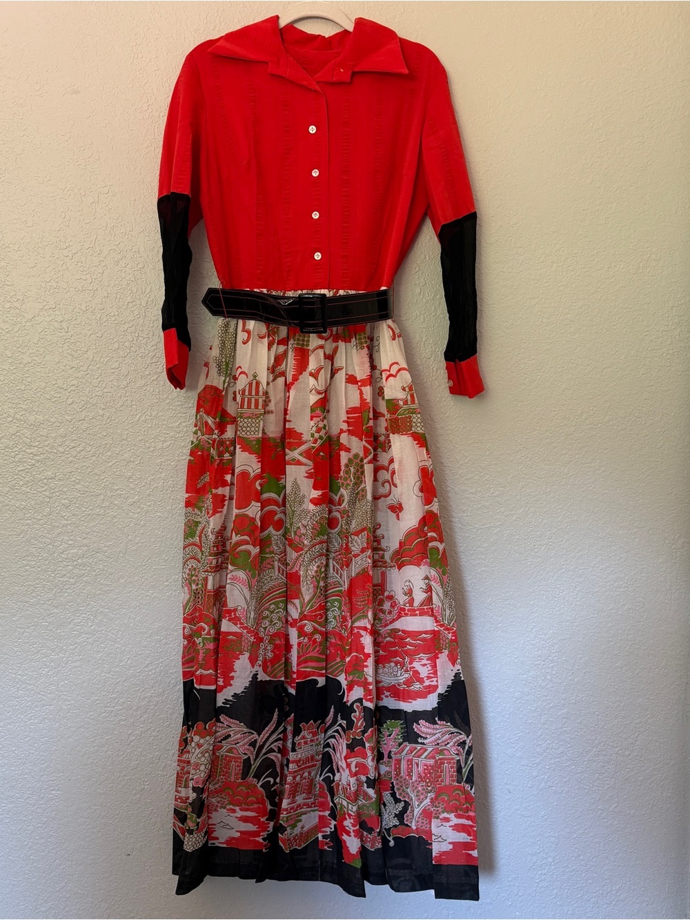Vintage 1970s Red Floral Maxi Skirt Dress with Asian Inspired Print